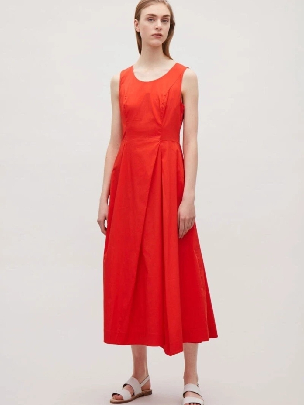 COS Red Structured A-Line Midi Dress Pleated Tailored Sleeveless Pocket Dress 10